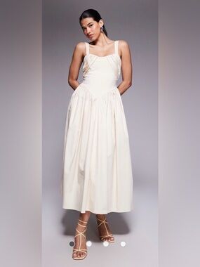 ASOS Ivory Sleeveless Midi Dress with Gathered Skirt